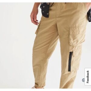 Aeropostale Sz L Mens Active Utility Pants Tan Cargo Drawstring Waist 34X30
